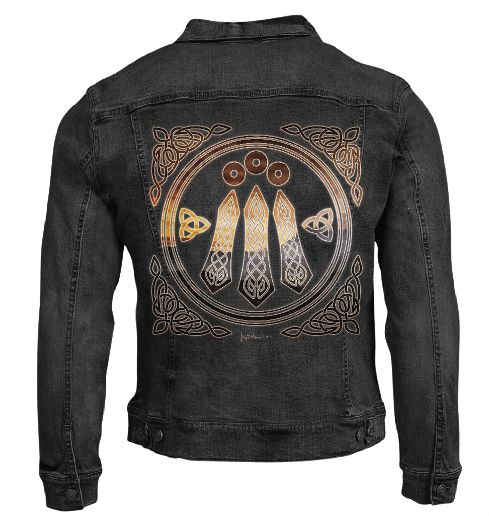 back view of a black denim jacket featuring the artwork “Celtic Awen” by Brigid Ashwood, printed large and centered on the back panel. the design shows a circular Celtic emblem with three vertical rays of the Awen symbol, rendered in warm bronze and gold tones, surrounded by intricate interlaced knotwork at the edges. the glowing metallic-style lines contrast clearly against the black denim, creating a bold, symbolic focal point. digitally printed by DenimINK.