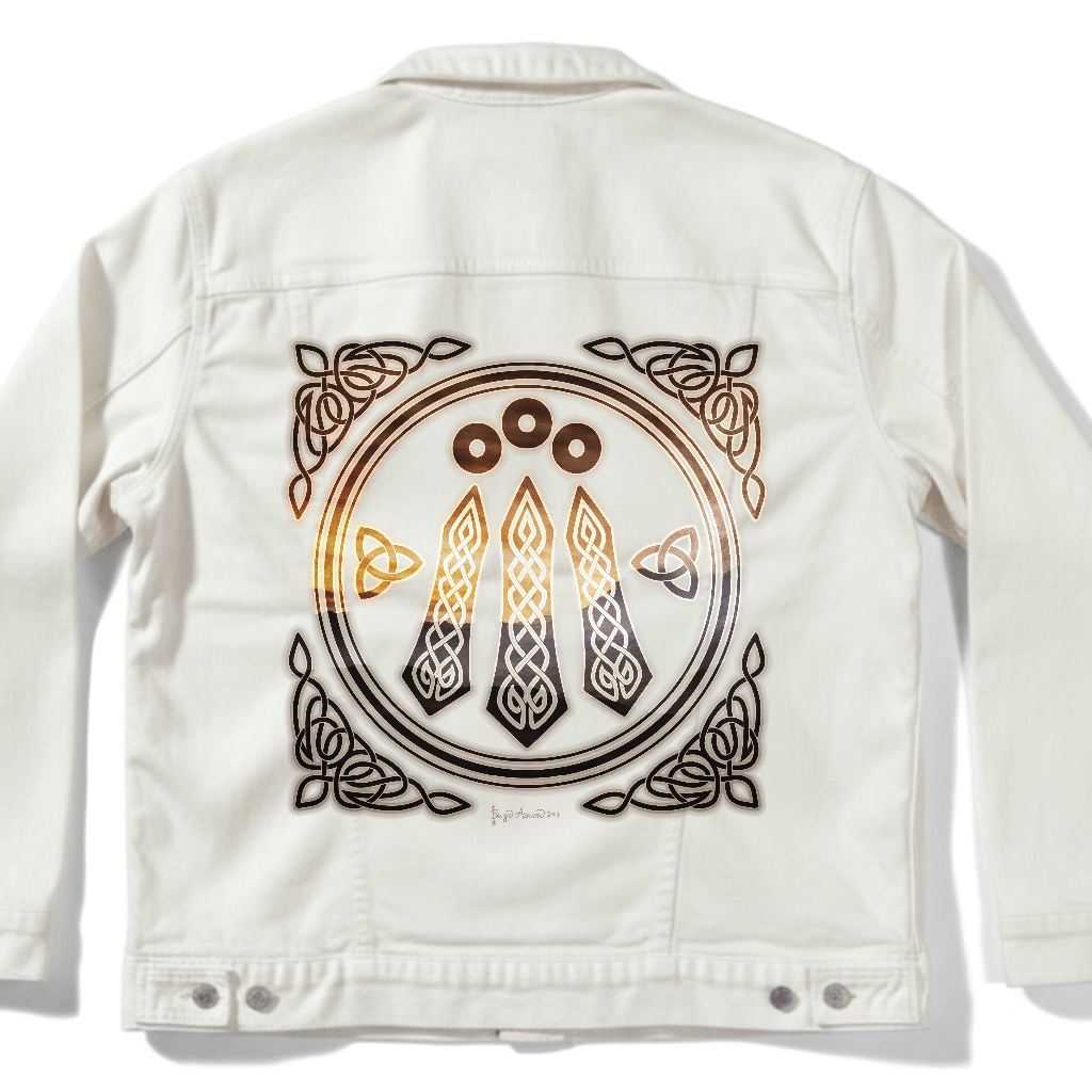 back view of a white denim jacket featuring the artwork “Celtic Awen” by Brigid Ashwood, printed large and centered on the back panel. the design shows a circular Celtic emblem with three vertical Awen rays and surrounding knotwork, rendered in warm bronze and gold tones. the luminous lines stand out clearly against the clean white denim. digitally printed by DenimINK.