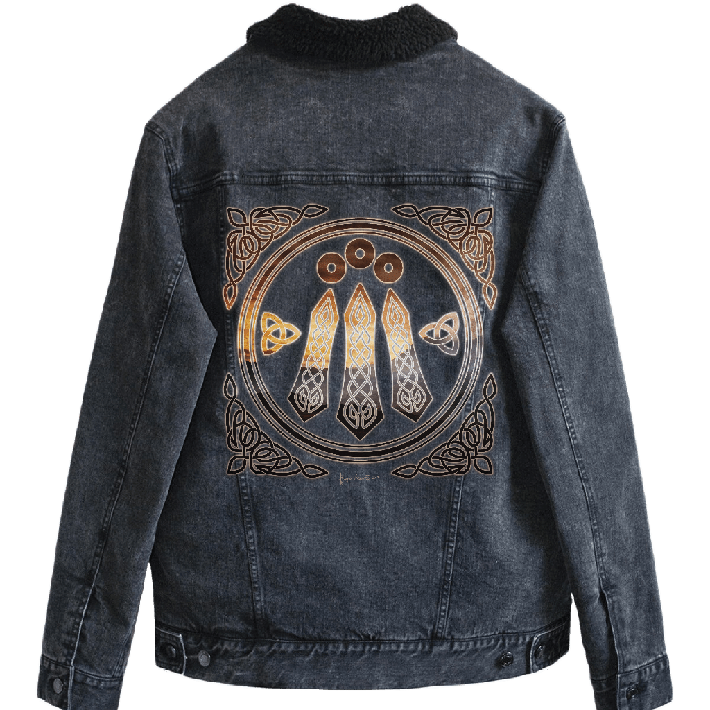 back view of a black denim jacket with a black sherpa-style liner featuring the artwork “Celtic Awen” by Brigid Ashwood, printed large and centered on the back panel. the design shows a circular Celtic emblem with three vertical Awen rays and surrounding knotwork, rendered in warm bronze and gold tones. the luminous lines contrast clearly against the dark denim. digitally printed by DenimINK.
