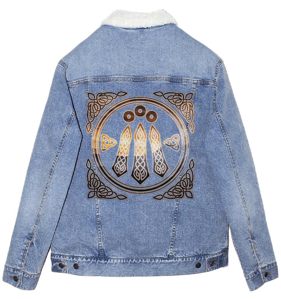 back view of a stonewash blue denim jacket with an off-white sherpa-style liner featuring the artwork “Celtic Awen” by Brigid Ashwood, printed large and centered on the back panel. the design shows a circular Celtic emblem with three vertical Awen rays and surrounding knotwork in warm bronze and gold tones. the luminous lines stand out against the faded stonewash denim. digitally printed by DenimINK.