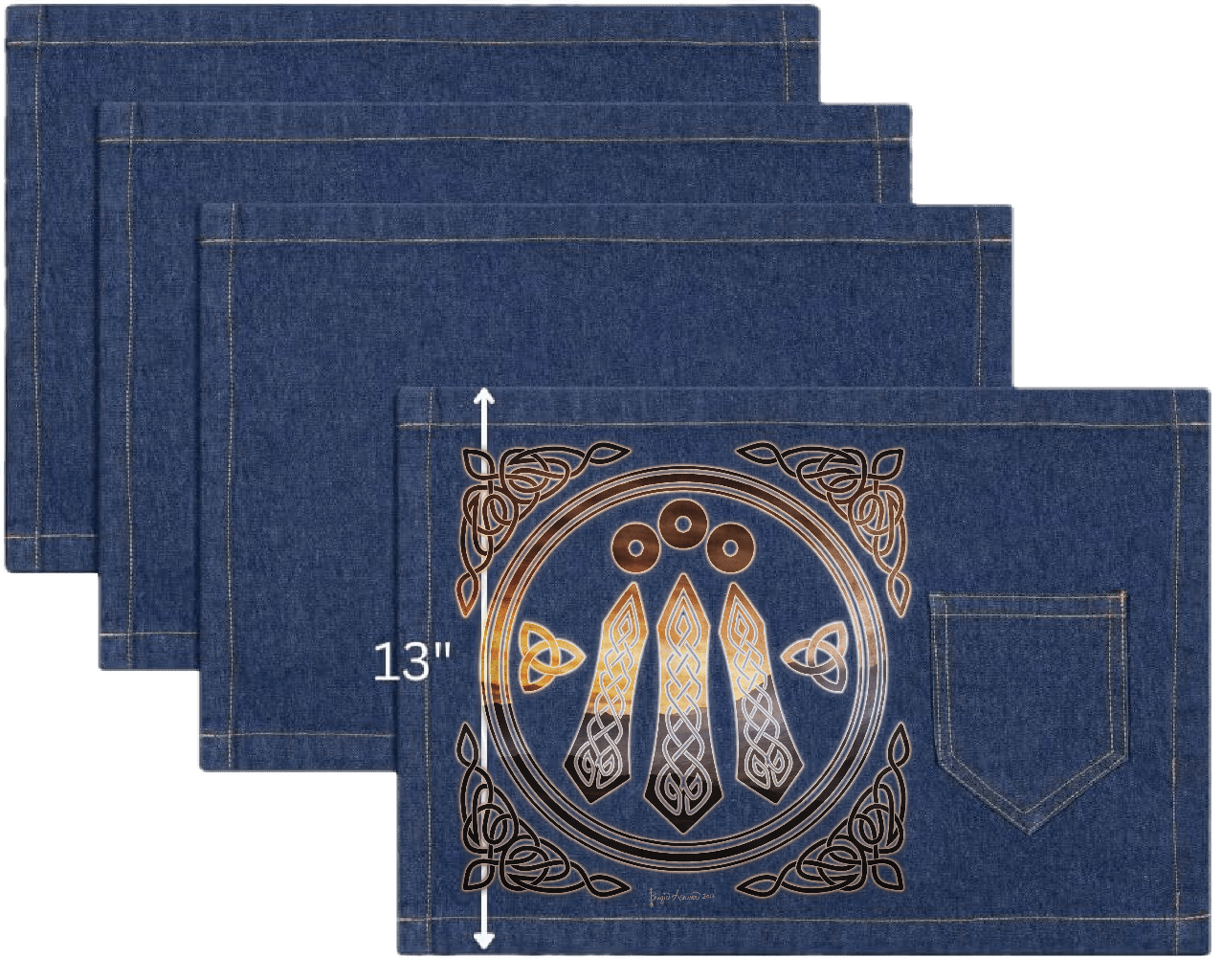 top view of four classic blue denim table placemats featuring the artwork “Celtic Awen” by Brigid Ashwood, printed centered on the surface. the design shows a circular Celtic emblem with three vertical Awen rays and surrounding knotwork in warm bronze and gold tones. visible white measurement text and arrow indicate a height of 13 inches on the placemat. placemat includes a stitched pocket and one-inch stitched seams. digitally printed by DenimINK.