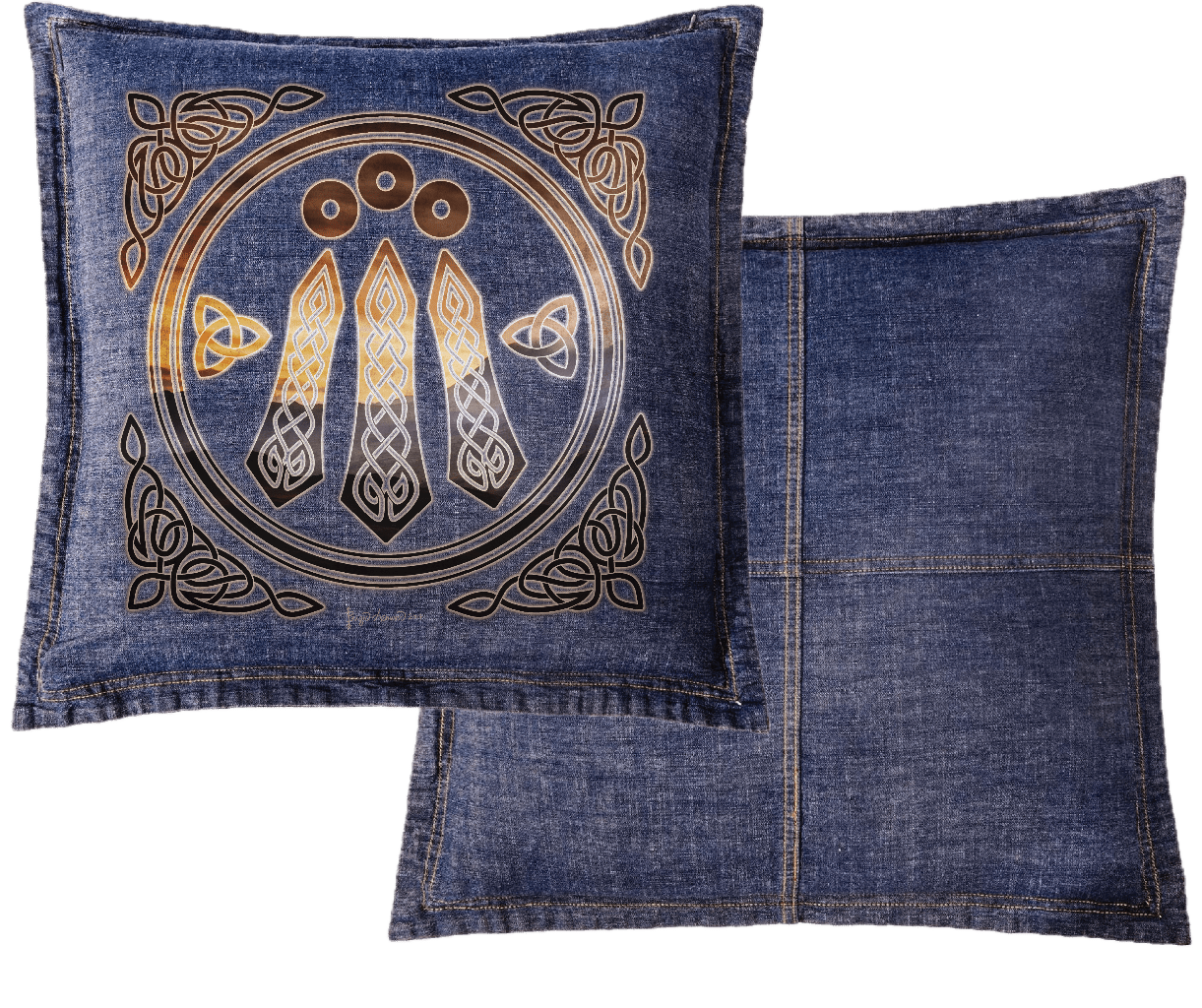 front and back view of a blue denim throw pillow featuring the artwork “Celtic Awen” by Brigid Ashwood, printed centered on the front panel. the design shows a circular Celtic emblem with three vertical Awen rays and surrounding knotwork in warm bronze and gold tones. contrast stitching and visible denim seams frame the artwork, while the back panel shows plain blue denim. digitally printed by DenimINK.