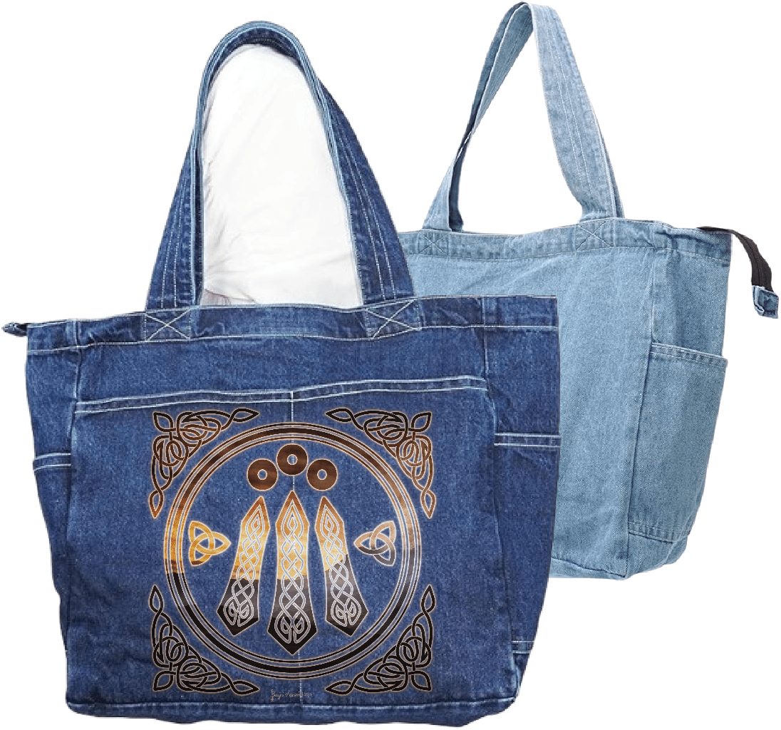 front view of a classic blue denim tote bag and back view of a stonewashed denim tote bag featuring the artwork “Celtic Awen” by Brigid Ashwood, printed large and centered on the front panel. the design shows a circular Celtic emblem with three vertical Awen rays and surrounding knotwork in warm bronze and gold tones. the symbolic artwork contrasts clearly against the textured blue denim. the zippered tote bag features reinforced handles and exterior pockets. digitally printed by DenimINK.