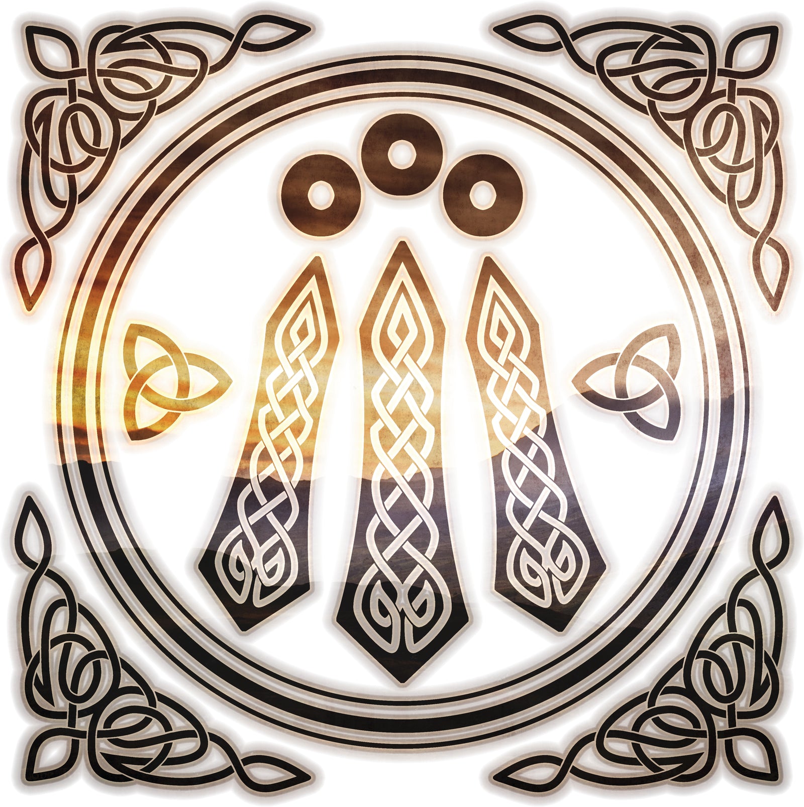 CELTIC AWEN by BRIGID ASHWOOD, digitally printed on DENIM products: throw pillows, aprons, table place mats, and hand-made Unisex Denim Jackets in 3 color choices