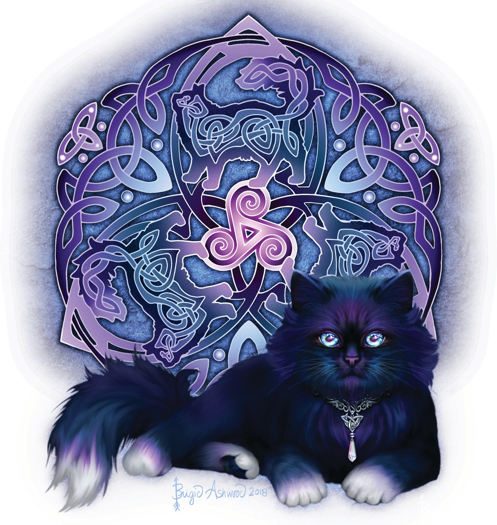 CELTIC BLACK FLUFFY CAT by BRIGID ASHWOOD, digitally printed on DENIM products: throw pillows, aprons, table place mats, and hand-made Unisex Denim Jackets in 3 color choices