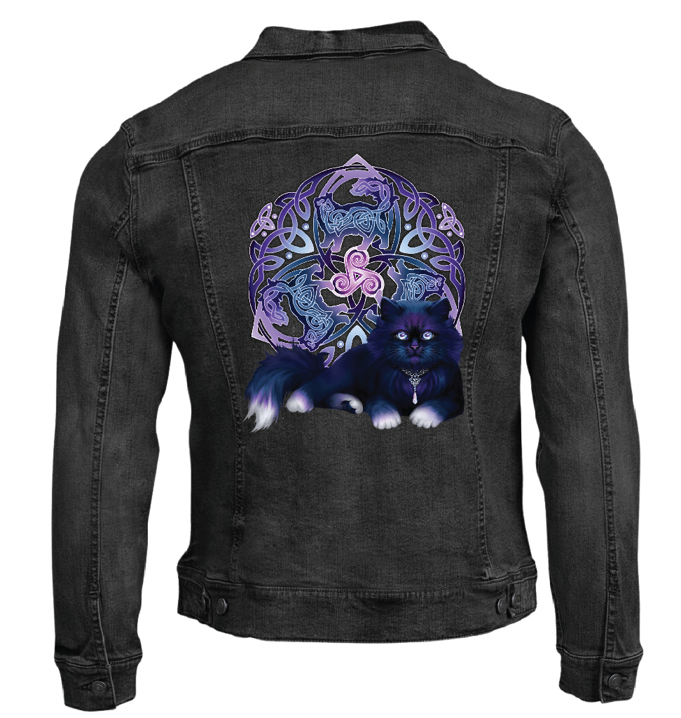 back view of a black denim jacket featuring the artwork “Celtic Fluffy Black Cat” by Brigid Ashwood, printed centered on the back panel. the design shows a fluffy black cat with violet-blue highlights resting in front of an intricate Celtic knotwork emblem and glowing triskelion in purple and blue tones. the luminous lines and jewel colors contrast clearly against the dark denim. digitally printed by DenimINK.