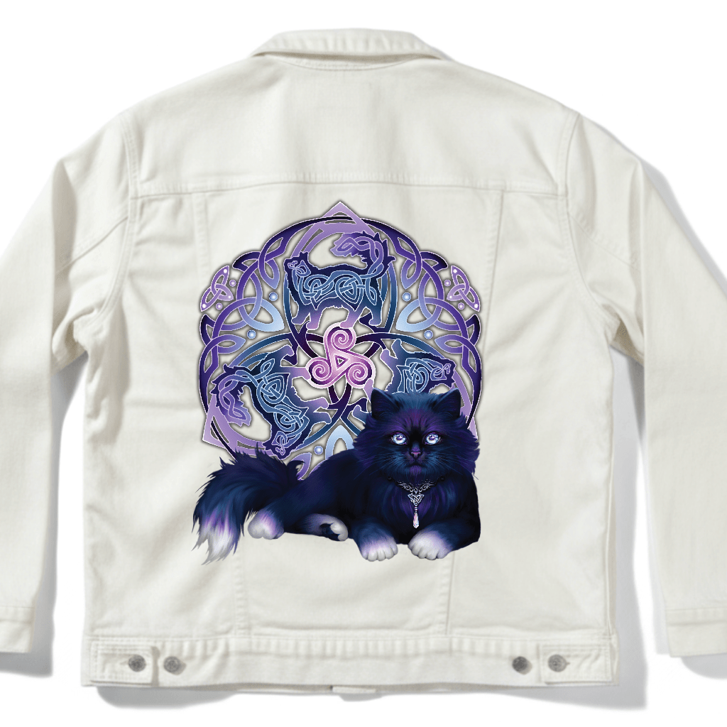 back view of a white denim jacket featuring the artwork “Celtic Black Fluffy Cat” by Brigid Ashwood, printed centered on the back panel. the design shows a fluffy black cat with violet-blue highlights resting in front of an intricate Celtic knotwork emblem and glowing triskelion in purple and blue tones. the luminous artwork stands out clearly against the clean white denim. digitally printed by DenimINK.