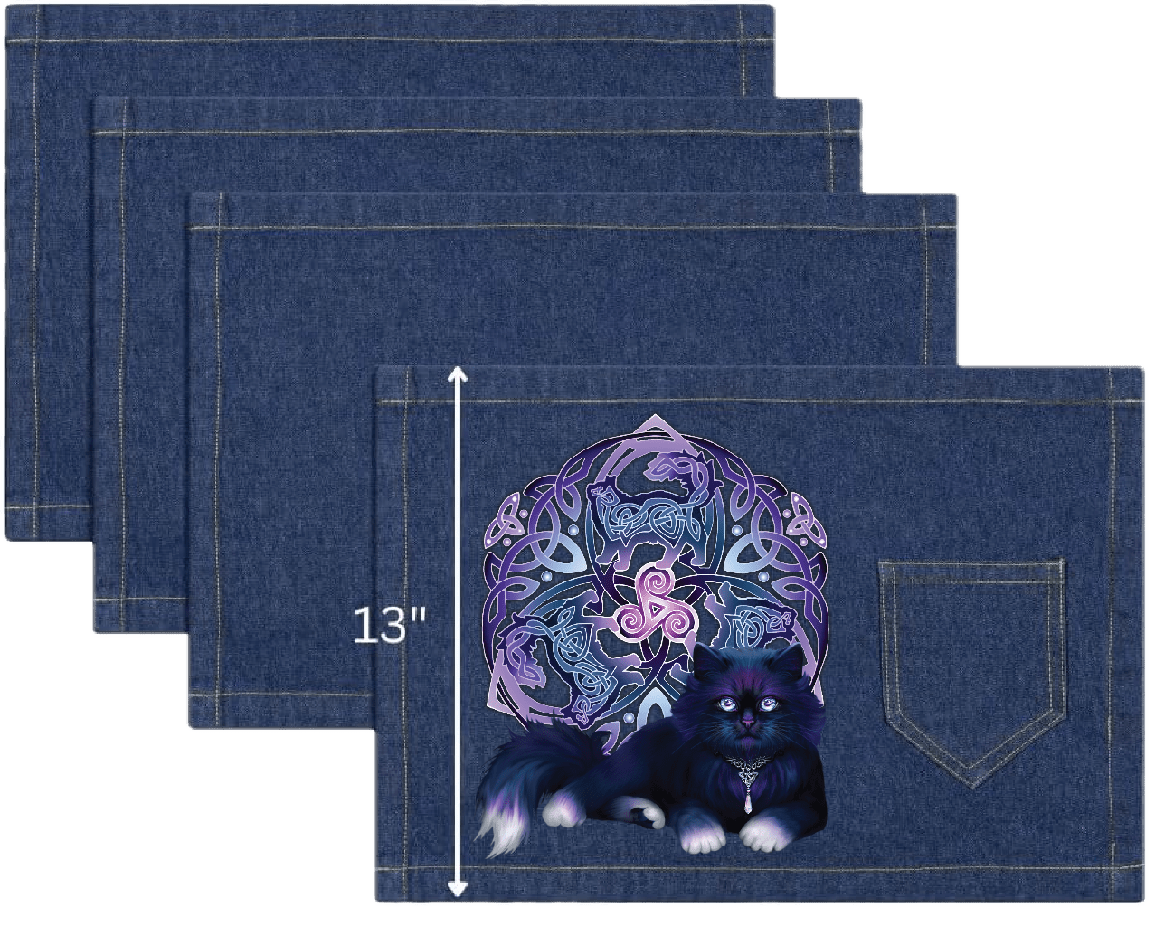 top view of four classic blue denim table placemats featuring the artwork “Celtic Black Fluffy Cat” by Brigid Ashwood, printed centered on the surface. the design shows a fluffy black cat with violet-blue highlights resting in front of a glowing Celtic knotwork emblem and triskelion in purple tones. visible white measurement text and arrow indicate a height of 13 inches. placemat includes a stitched pocket and one-inch stitched seams. digitally printed by DenimINK.
