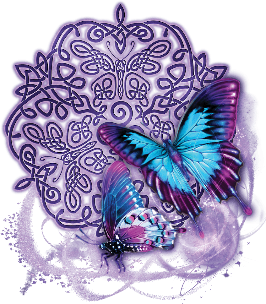 illustration of two luminous blue and violet butterflies flying in front of a circular Celtic knot design rendered in layered lavender and deep purple tones. the knot features dense interlaced loops, spirals, and triquetra-style forms with precise over-and-under crossings. sparkling mist and light trails swirl beneath the butterflies, creating motion against a darkened background. this artwork is titled “Celtic Butterfly” and created by Brigid Ashwood