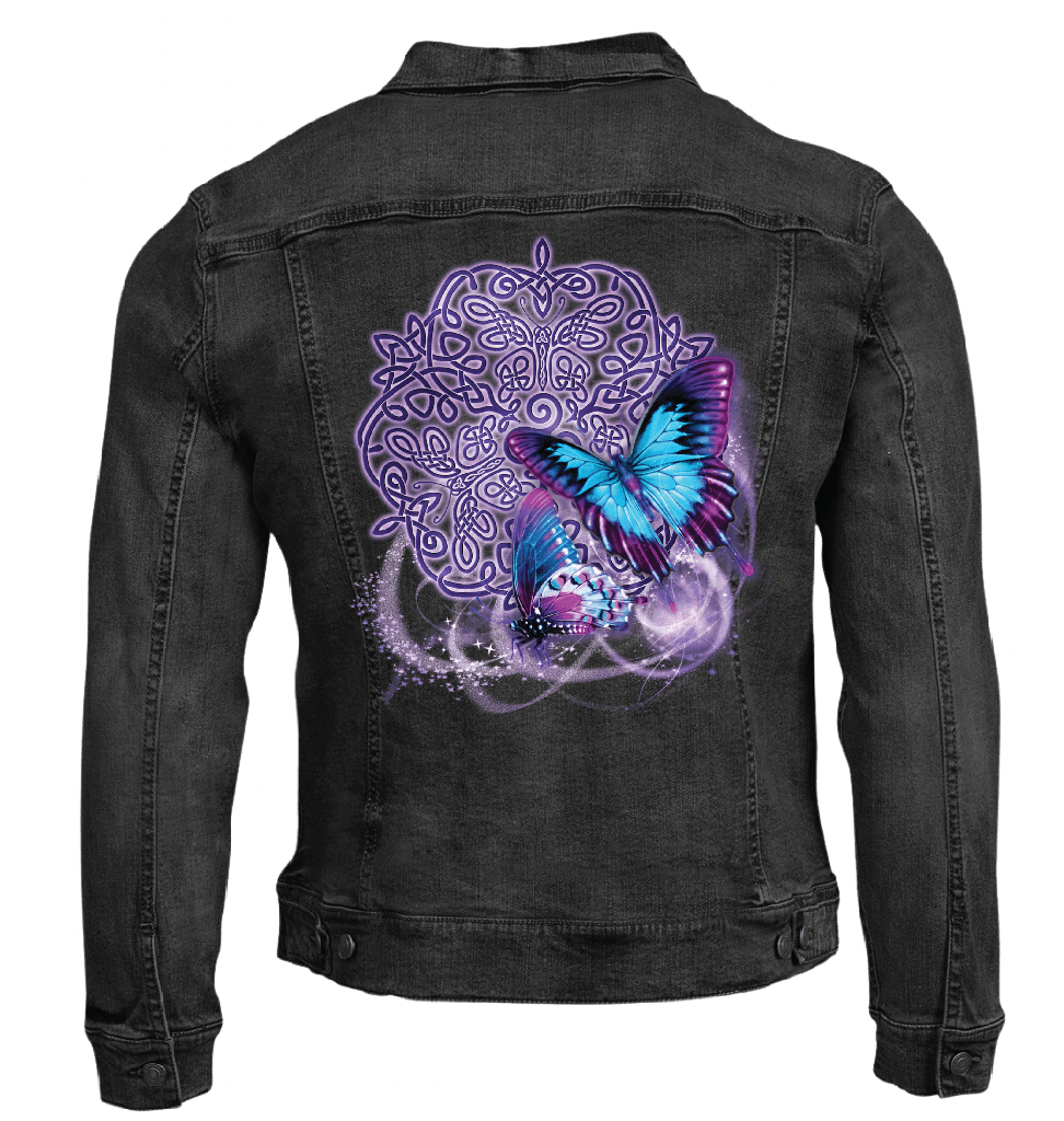 back view of a black denim jacket featuring the artwork “Celtic Butterfly” by Brigid Ashwood, printed centered on the back panel. the design shows two luminous blue and purple butterflies in flight over an intricate Celtic knotwork motif, with soft glowing accents and swirling light effects. the vibrant colors contrast clearly against the black denim. digitally printed by DenimINK.