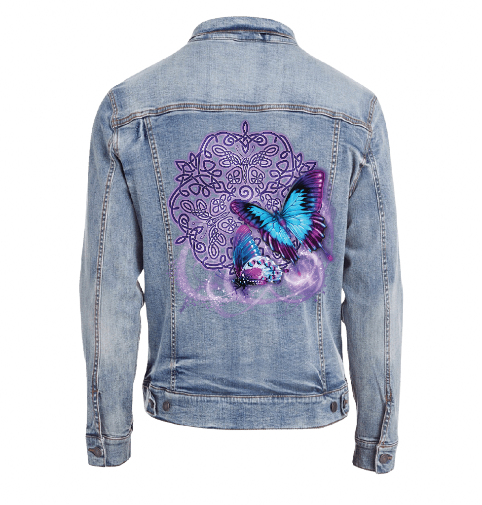 back view of a stonewash blue denim jacket featuring the artwork “Celtic Butterfly” by Brigid Ashwood, printed centered on the back panel. the design shows two luminous blue and purple butterflies in flight over an intricate Celtic knotwork motif, with soft glowing accents and swirling light effects. the vibrant colors stand out clearly against the faded stonewash denim. digitally printed by DenimINK.