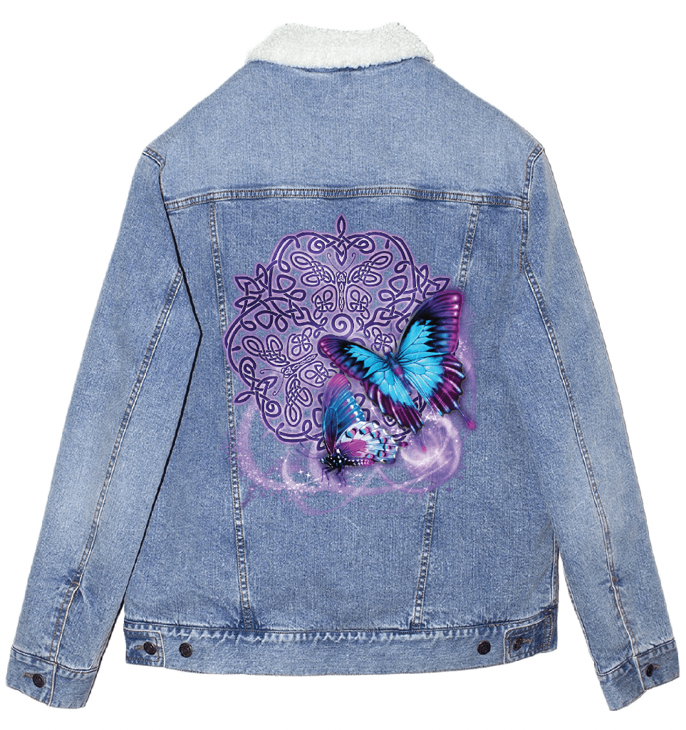 back view of a stonewash blue denim jacket with an off-white sherpa-style liner featuring the artwork “Celtic Butterfly” by Brigid Ashwood, printed centered on the back panel. the design shows two luminous blue and purple butterflies in flight over an intricate Celtic knotwork motif with soft glowing accents. the vibrant colors stand out against the faded stonewash denim. digitally printed by DenimINK.