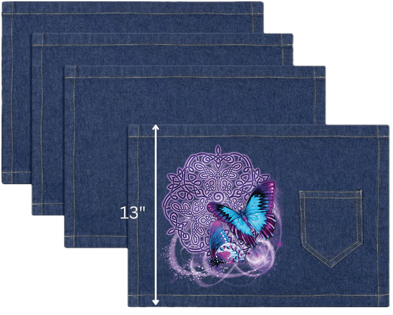top view of four classic blue denim table placemats featuring the artwork “Celtic Butterfly” by Brigid Ashwood, printed centered on the surface. the design shows two luminous blue and purple butterflies in flight over an intricate Celtic knotwork motif, with soft glowing accents and swirling light effects. visible white measurement text and arrow indicate a height of 13 inches. placemat includes a stitched pocket and one-inch stitched seams. digitally printed by DenimINK.