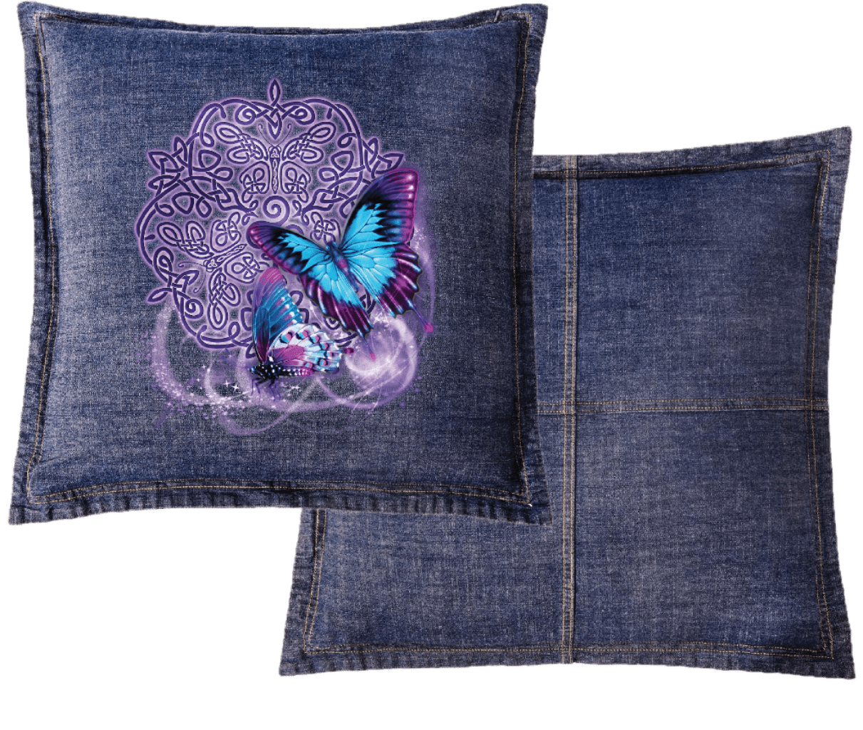 front and back view of a blue denim throw pillow featuring the artwork “Celtic Butterfly” by Brigid Ashwood, printed centered on the front panel. the design shows two luminous blue and purple butterflies in flight over an intricate Celtic knotwork motif, with soft glowing accents. contrast stitching and visible denim seams frame the artwork, with a plain blue denim back panel. digitally printed by DenimINK.