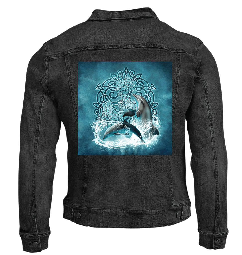 back view of a black denim jacket featuring the artwork “celtic dolphin” by brigid ashwood, printed centered on the back panel. the artwork shows two realistic dolphins leaping through splashing water in front of an intricate teal and turquoise celtic knotwork circle set against a softly glowing aqua background, standing out clearly against the dark denim. digitally printed by DenimINK.