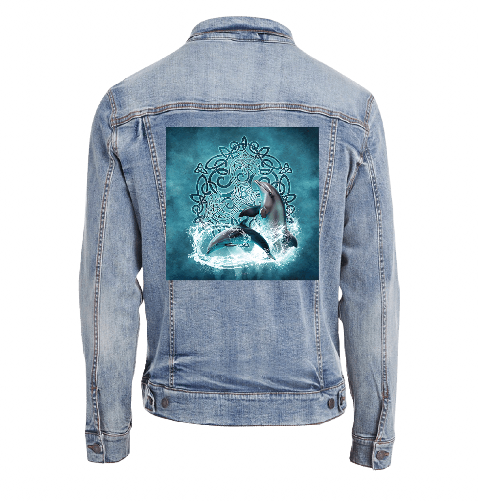 back view of a stonewash blue denim jacket featuring the artwork “celtic dolphin” by brigid ashwood, printed centered on the back panel. the design shows two realistic dolphins emerging through splashing water in front of an intricate teal and turquoise celtic knotwork circle on a softly glowing aqua background. the jacket includes an off-white sherpa-style liner visible at the collar and traditional denim seam construction. digitally printed by DenimINK.