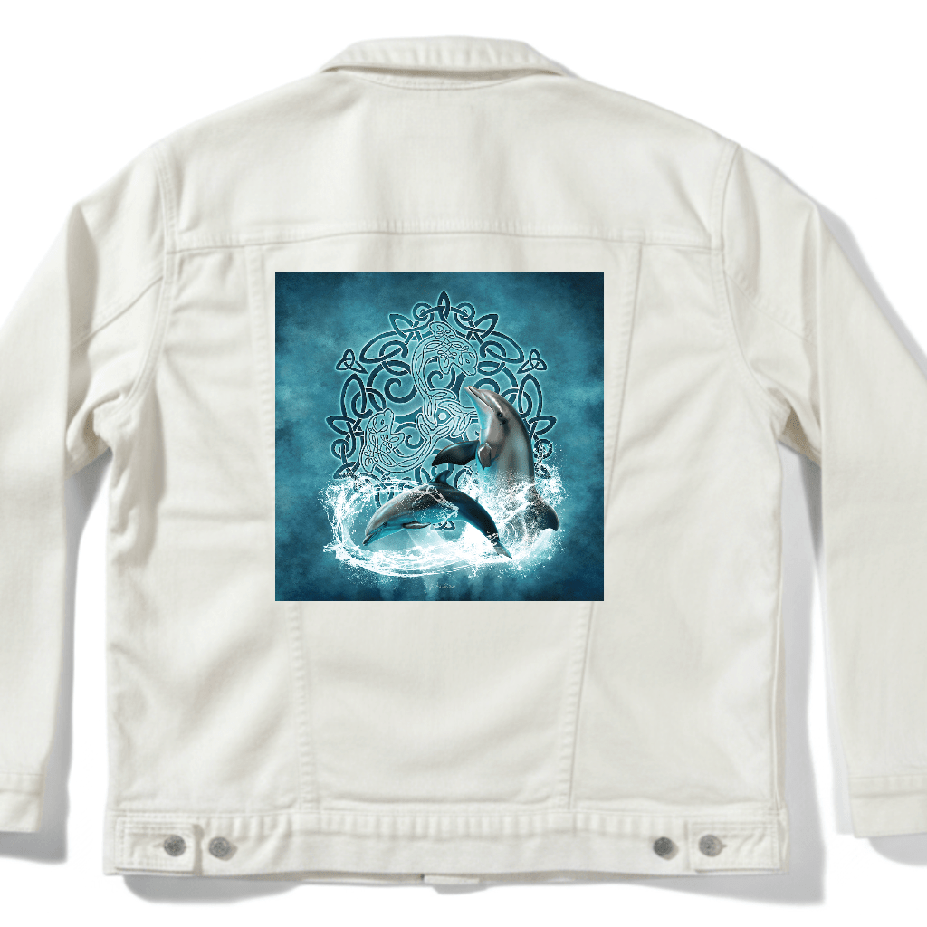 back view of a white denim jacket featuring the artwork “celtic dolphin” by brigid ashwood, printed centered on the back panel. the artwork shows two realistic dolphins leaping through splashing water in front of an intricate teal and turquoise celtic knotwork circle on a softly glowing aqua background, creating strong contrast against the white denim. digitally printed by DenimINK.
