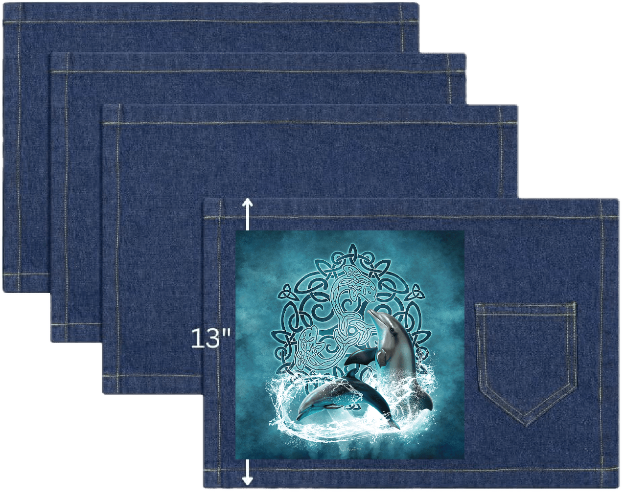 top view of four classic blue denim table placemats featuring the artwork “celtic dolphin” by brigid ashwood, printed centered on the surface. the artwork shows two realistic dolphins leaping through splashing water in front of an intricate teal and turquoise celtic knotwork circle on a softly glowing aqua background. each placemat includes a stitched pocket, one-inch stitched seams, and visible white measurement text and arrow indicating a height of 13 inches. digitally printed by DenimINK.