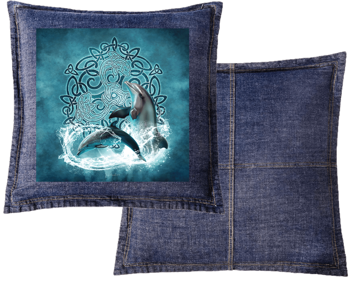 front and back view of a blue denim throw pillow featuring the artwork “celtic dolphin” by brigid ashwood, printed large and centered on the front panel. the artwork shows two realistic dolphins rising through splashing water in front of an intricate teal and turquoise celtic knotwork circle set against a softly glowing aqua background. the pillow includes contrast stitching and a plain blue denim back panel. digitally printed by DenimINK.