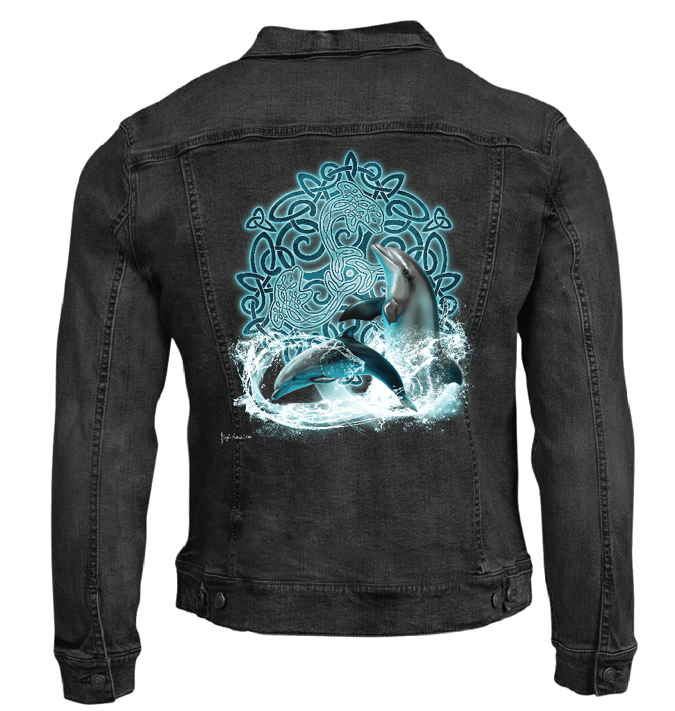 back view of a black denim jacket with a black sherpa-style liner featuring the artwork “Celtic Dolphin” by Brigid Ashwood, printed centered on the back panel. the design shows two dolphins leaping through splashing water in front of a glowing turquoise Celtic knotwork motif. the luminous aquatic colors contrast clearly against the dark denim. digitally printed by DenimINK.