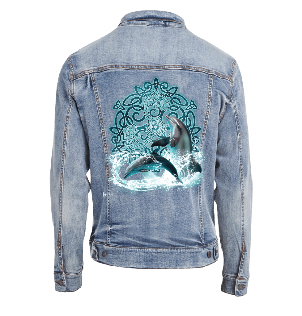 back view of a stonewash blue denim jacket featuring the artwork “Celtic Dolphin” by Brigid Ashwood, printed centered on the back panel. the design shows two dolphins leaping through splashing water in front of a glowing turquoise Celtic knotwork motif. the luminous aquatic colors contrast clearly against the faded stonewash denim. digitally printed by DenimINK.