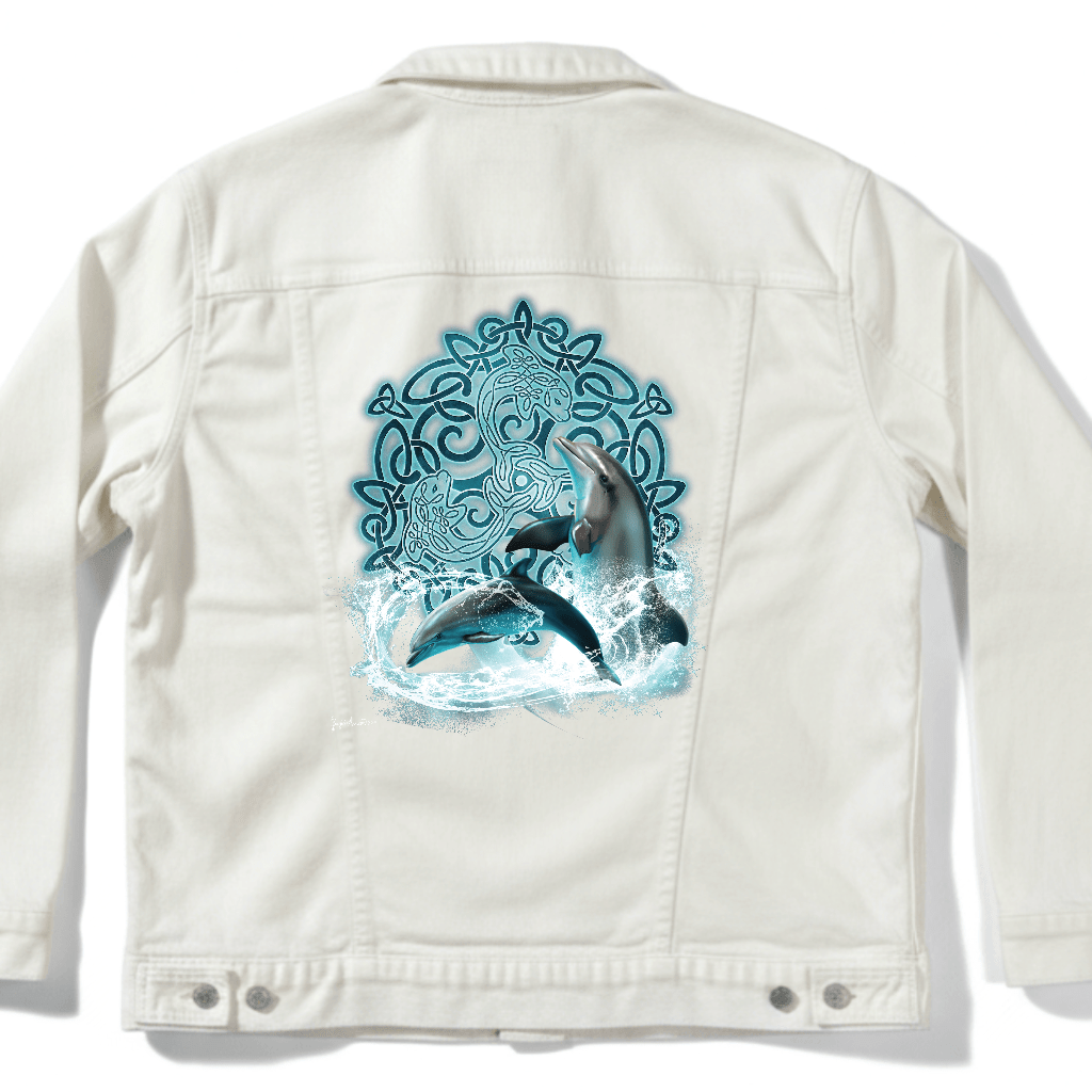 back view of a white denim jacket featuring the artwork “Celtic Butterfly” by Brigid Ashwood, printed centered on the back panel. the design shows two luminous blue and purple butterflies in flight over an intricate Celtic knotwork motif with soft glowing accents. the vibrant colors stand out clearly against the clean white denim. digitally printed by DenimINK.