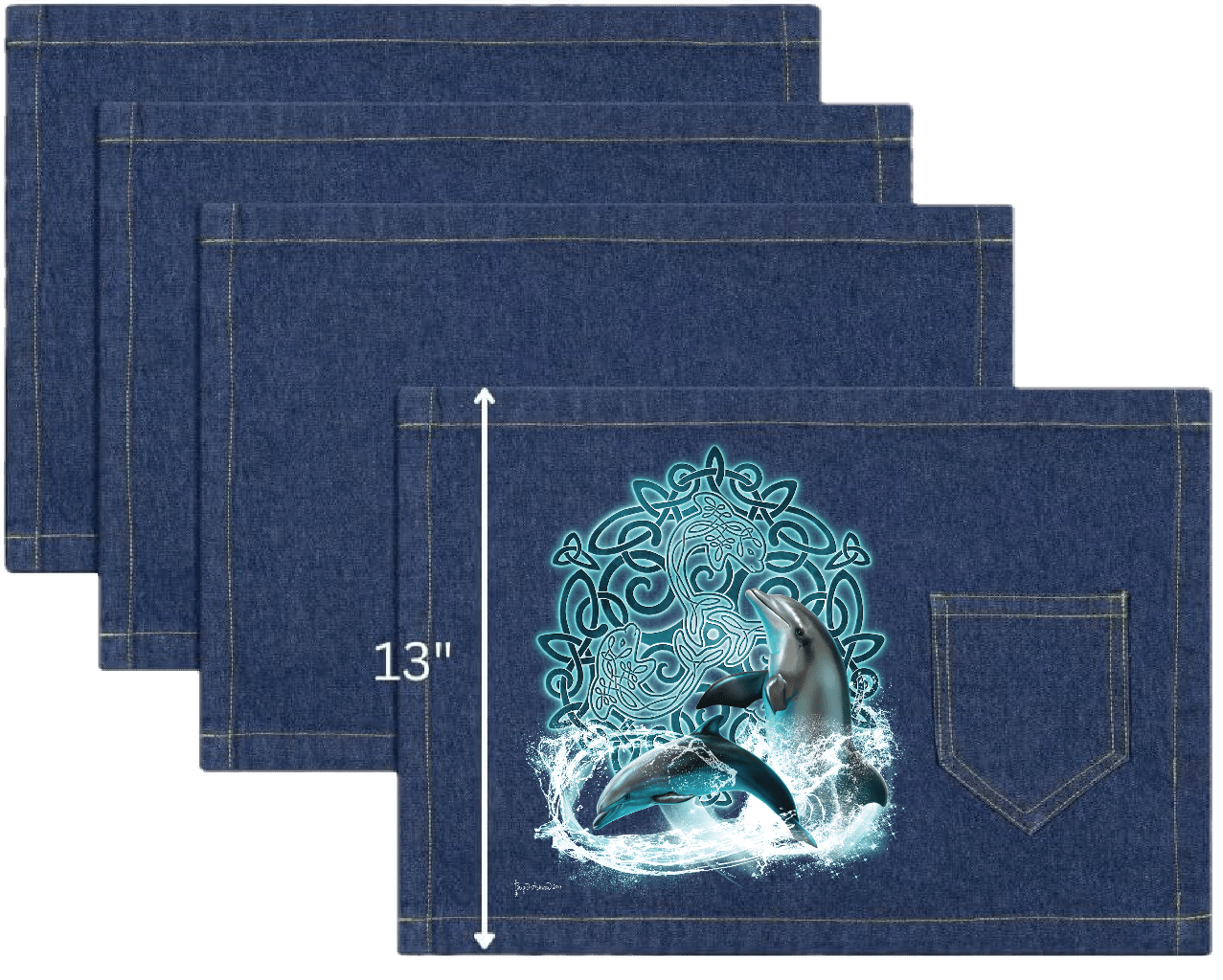 top view of four classic blue denim table placemats featuring the artwork “Celtic Dolphin” by Brigid Ashwood, printed centered on the surface. the design shows two dolphins leaping through splashing water in front of a glowing turquoise Celtic knotwork motif. visible white measurement text and arrow indicate a height of 13 inches. placemat includes a stitched pocket and one-inch stitched seams. digitally printed by DenimINK.