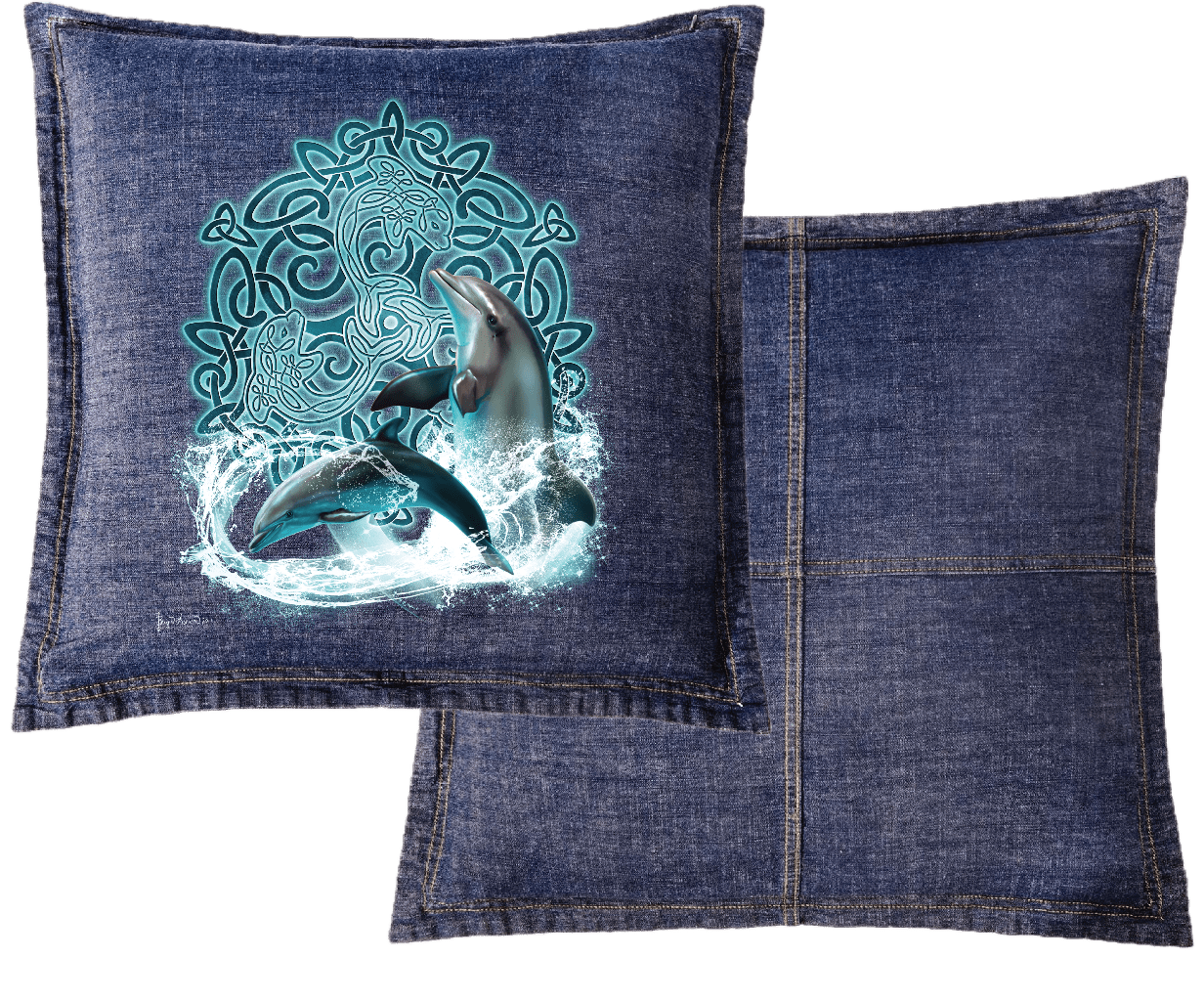 front and back view of a blue denim throw pillow featuring the artwork “Celtic Dolphin” by Brigid Ashwood, printed centered on the front panel. the design shows two dolphins leaping through splashing water in front of a glowing turquoise Celtic knotwork motif. contrast stitching and visible denim seams frame the artwork, with a plain blue denim back panel. digitally printed by DenimINK.