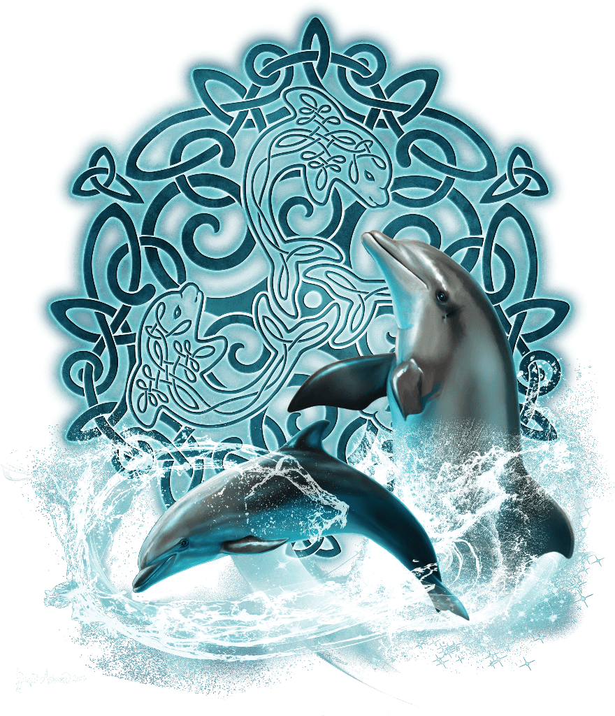 illustration of two realistic dolphins leaping through splashing water in the foreground, set against a detailed teal Celtic knotwork mandala that incorporates of three dolphins intertwined within a circular Celtic knot design rendered in layered teal, aqua, and deep blue tones. each dolphin is formed from continuous over-and-under knot strands, their bodies curving in a triadic rotation around the center of the circle.. this artwork is titled “Celtic Dolphin” and created by Brigid Ashwood