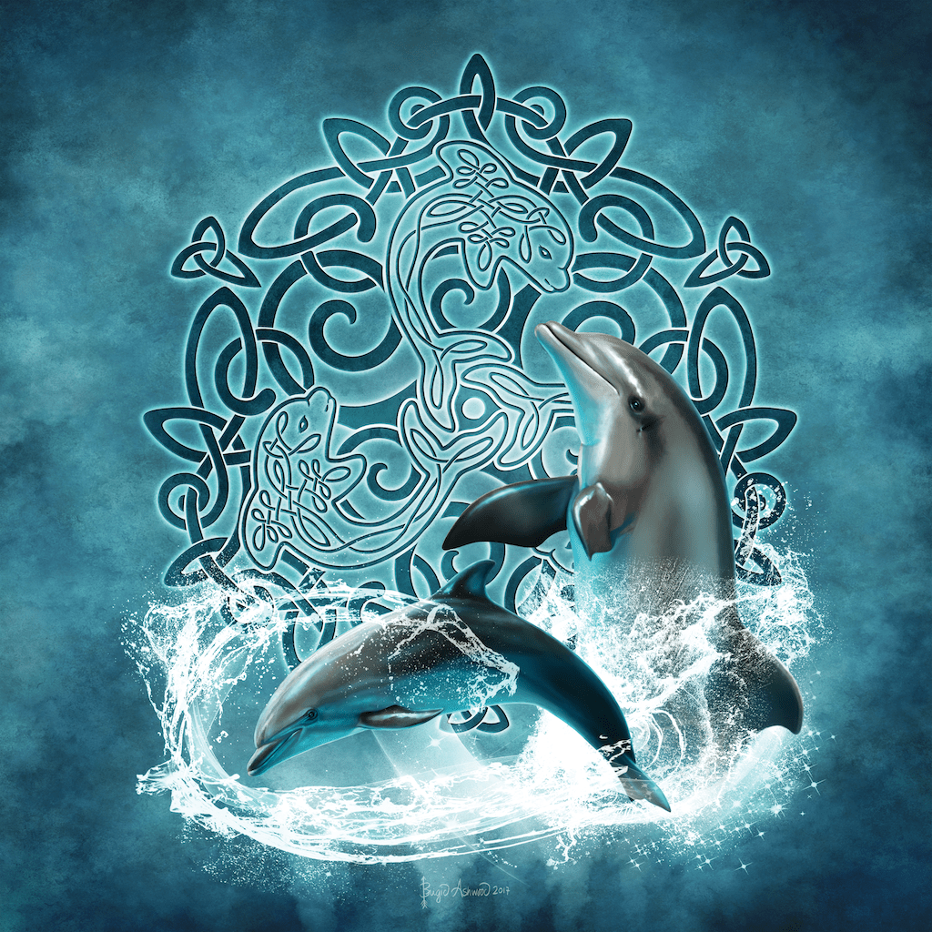 illustration of two realistic dolphins leaping through splashing water in the foreground, set against a detailed teal Celtic knotwork mandala that incorporates of three dolphins intertwined within a circular Celtic knot design rendered in layered teal, aqua, and deep blue tones. each dolphin is formed from continuous over-and-under knot strands, their bodies curving in a triadic rotation around the center of the circle.. this artwork is titled “Celtic Dolphin” and created by Brigid Ashwood