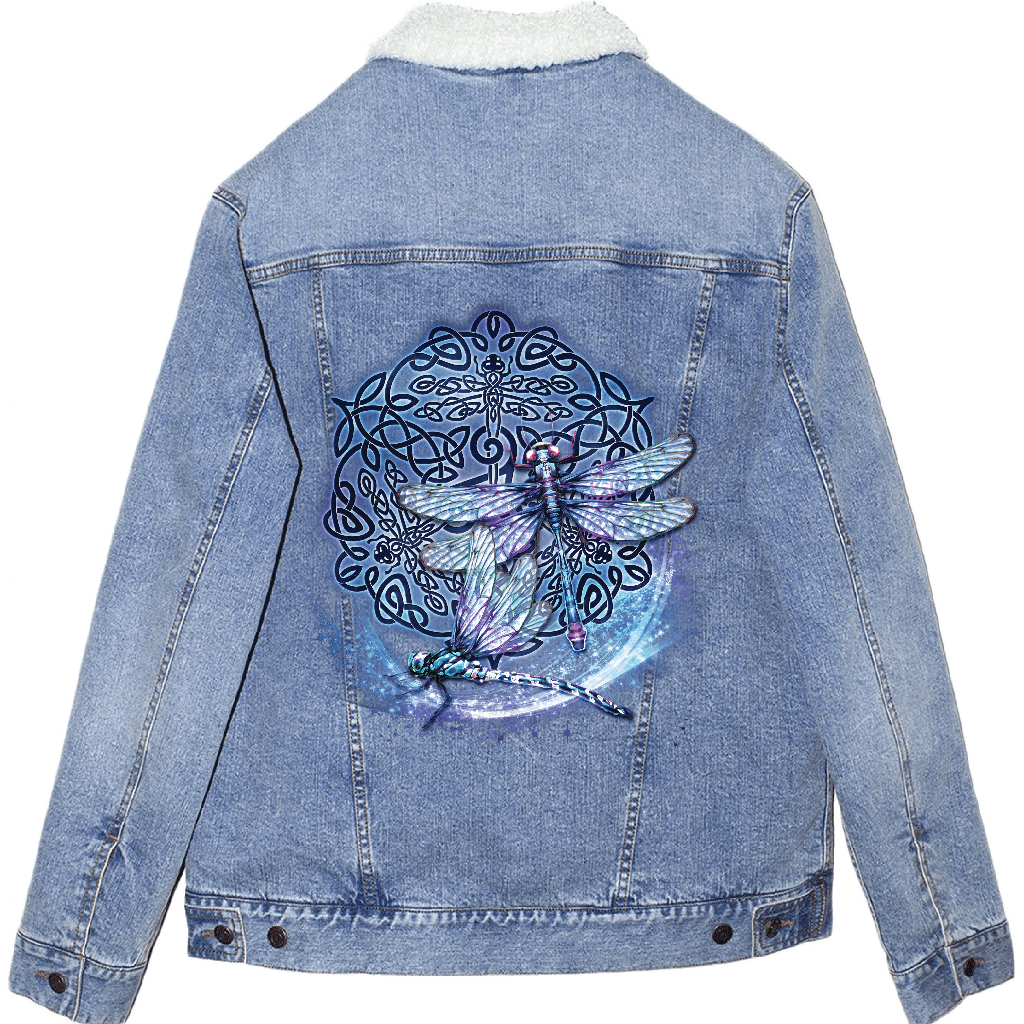 back view of a stonewash blue denim jacket featuring the artwork “celtic dragon” by brigid ashwood, printed centered on the back panel. the artwork shows a seated dragon with green, teal, and purple scales positioned in front of an intricate circular celtic knotwork design in deep green and red tones. the jacket includes an off-white sherpa-style liner visible at the collar. digitally printed by DenimINK.