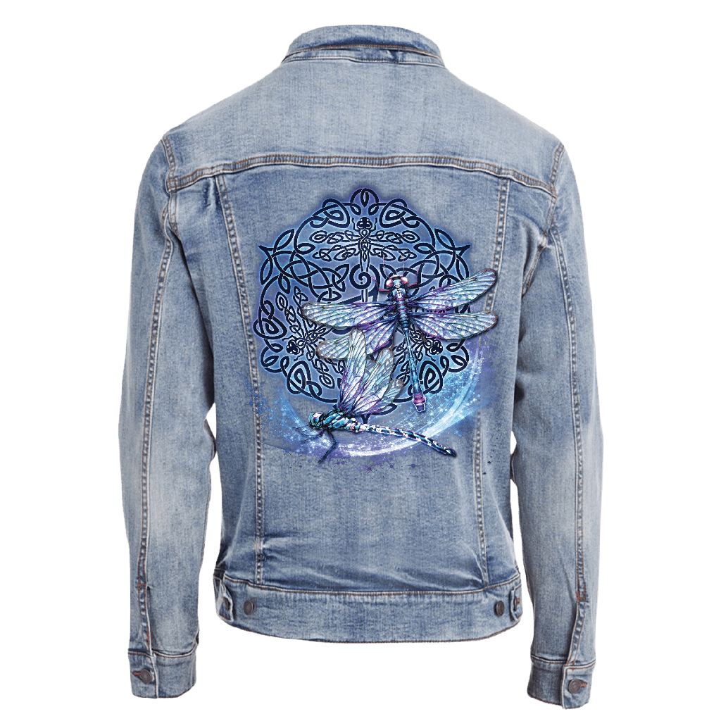 back view of a stonewash blue denim jacket featuring the artwork “celtic dragon” by brigid ashwood, printed centered on the back panel. the artwork shows a seated dragon with green, teal, and purple scales resting in front of an intricate circular celtic knotwork design in deep green and red tones, clearly visible against the stonewash denim. digitally printed by DenimINK.