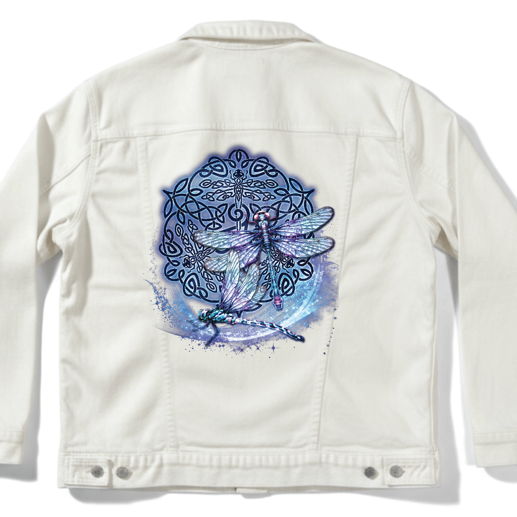 back view of a white denim jacket featuring the artwork “celtic dolphin” by brigid ashwood, printed centered on the back panel. the artwork shows two realistic dolphins leaping through splashing water in front of an intricate teal and turquoise celtic knotwork circle on a softly glowing aqua background, creating strong contrast against the white denim. digitally printed by DenimINK.