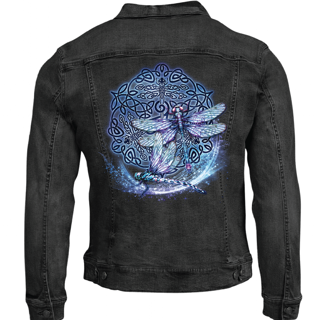 back view of a black denim jacket featuring the artwork “celtic dragonfly” by brigid ashwood, printed centered on the back panel. the artwork shows two detailed dragonflies with translucent blue, teal, and violet wings layered over an intricate dark celtic knotwork circle, with a subtle glowing effect near the lower edge that stands out against the dark denim. the jacket includes a black sherpa-style liner visible at the collar. digitally printed by DenimINK.