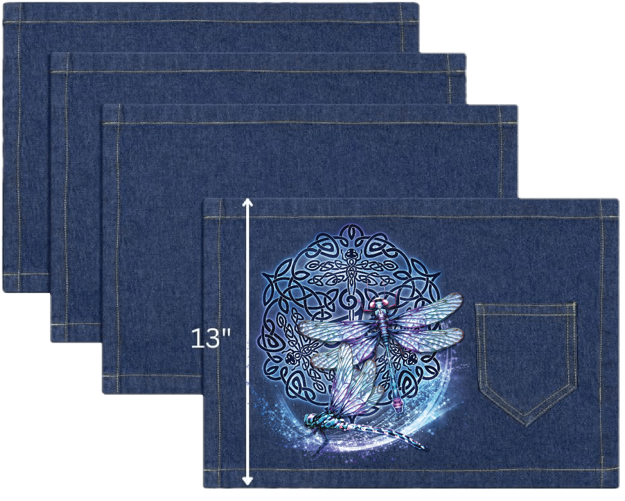 top view of four classic blue denim table placemats featuring the artwork “celtic dragonfly” by brigid ashwood, printed centered on the surface. the artwork shows two detailed dragonflies with translucent blue, teal, and violet wings layered over an intricate dark celtic knotwork circle, surrounded by a subtle glowing aura near the lower edge. each placemat includes a stitched pocket, one-inch stitched seams, and visible white measurement text and arrow indicating a height of 13 inches. digitally printed by