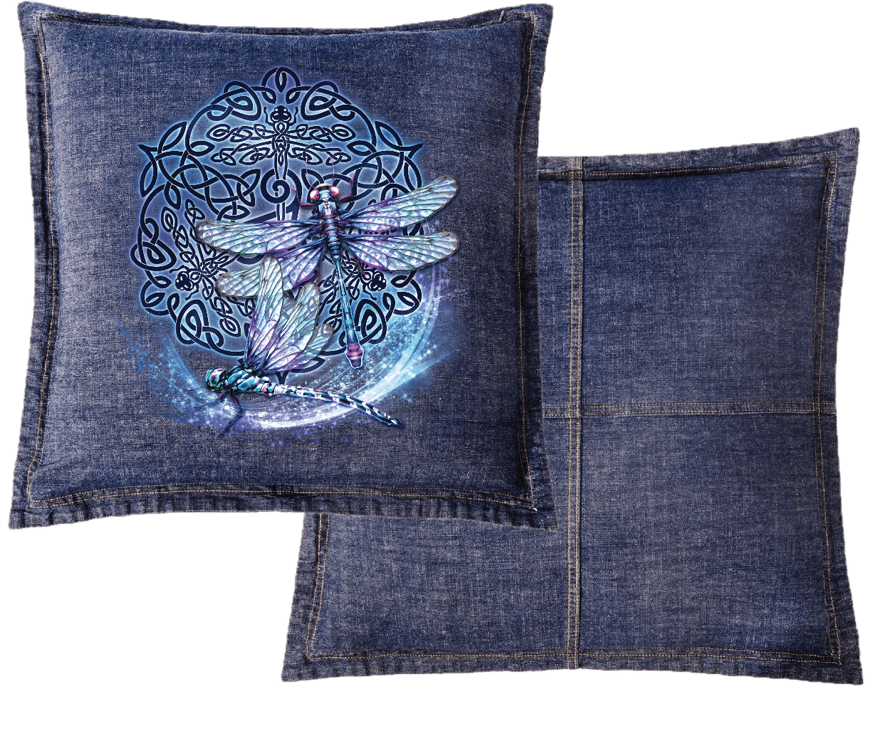 front and back view of a blue denim throw pillow featuring the artwork “celtic dragon” by brigid ashwood, printed large and centered on the front panel. the artwork depicts a seated dragon with green, teal, and purple scales resting in front of a circular celtic knotwork design in deep green and red tones. the back panel is plain blue denim with contrast stitching. digitally printed by DenimINK.
