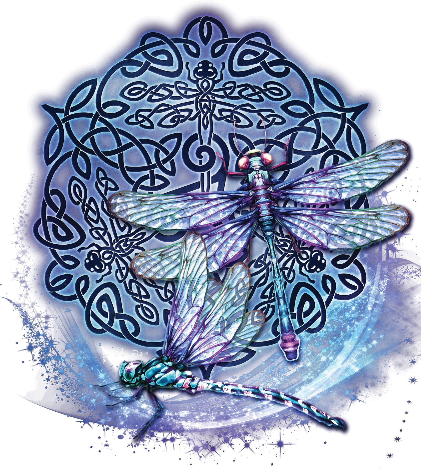 CELTIC DRAGONFLY by BRIGID ASHWOOD, digitally printed on DENIM products: throw pillows, aprons, table place mats, and hand-made Unisex Denim Jackets in 3 color choices