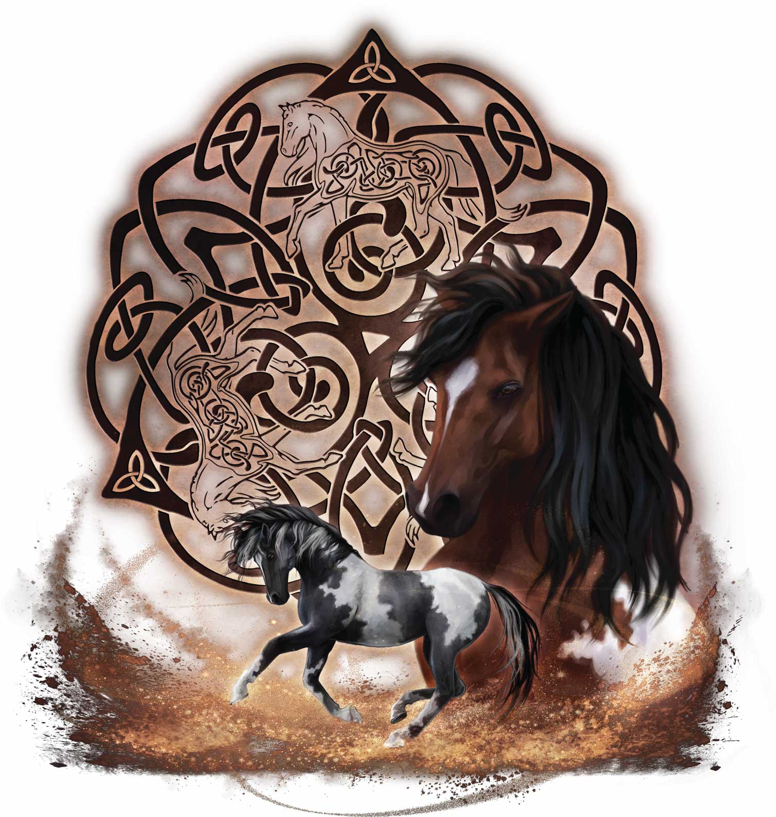 CELTIC HORSE by BRIGID ASHWOOD, digitally printed on DENIM products: throw pillows, aprons, table place mats, and hand-made Unisex Denim Jackets in 3 color choices