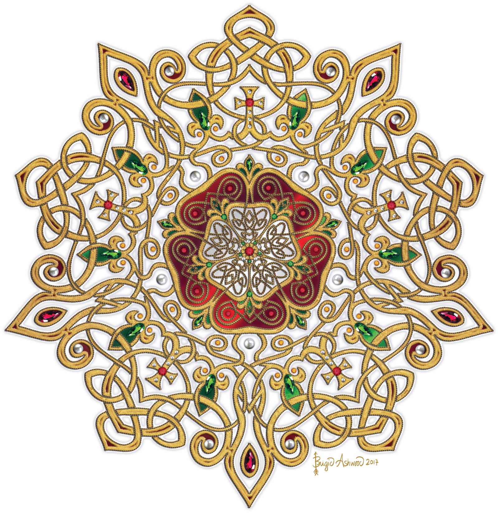 CELTIC TUDOR ROSE by BRIGID ASHWOOD, digitally printed on DENIM products: throw pillows, aprons, table place mats, and hand-made Unisex Denim Jackets in 3 color choices