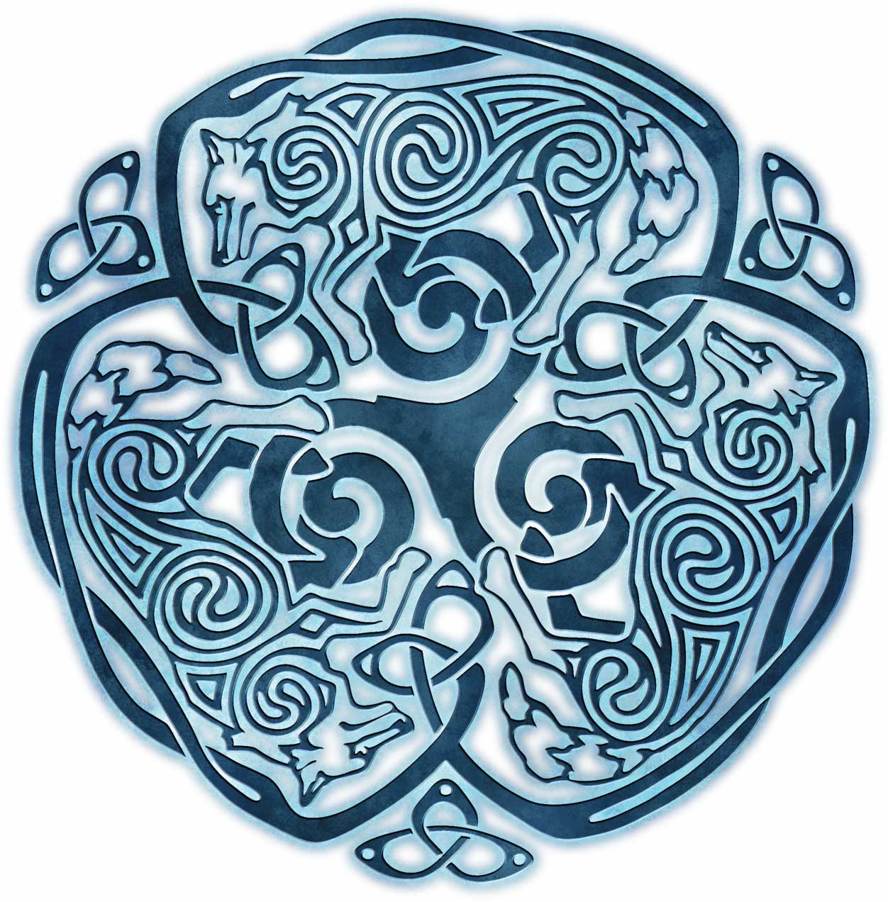 CELTIC WOLF by BRIGID ASHWOOD, digitally printed on DENIM products: throw pillows, aprons, table place mats, and hand-made Unisex Denim Jackets in 3 color choices