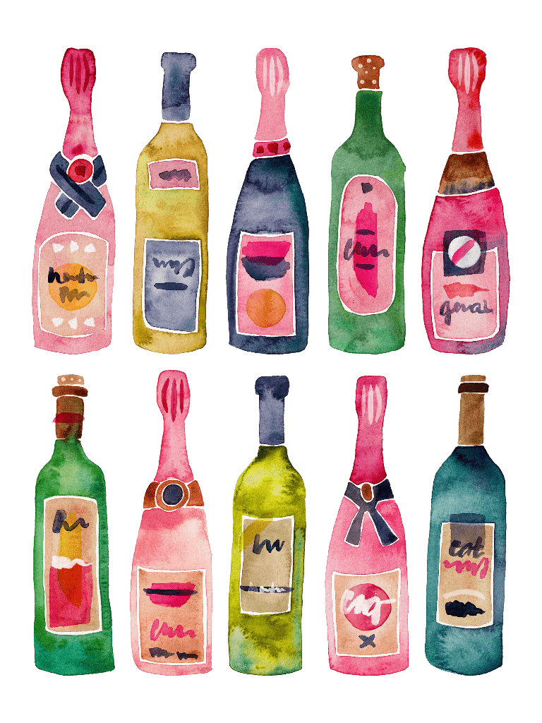 illustration of ten watercolor champagne and wine bottles arranged in two horizontal rows on a white textured background. the bottles vary in shape and color, including pink, coral, green, teal, mustard yellow, and deep blue tones. each bottle features a hand-painted label with abstract shapes, dots, stripes, or simple lettering, and differently colored corks or foil tops. this artwork is titled “Champagne Collection” and created by CatCoq