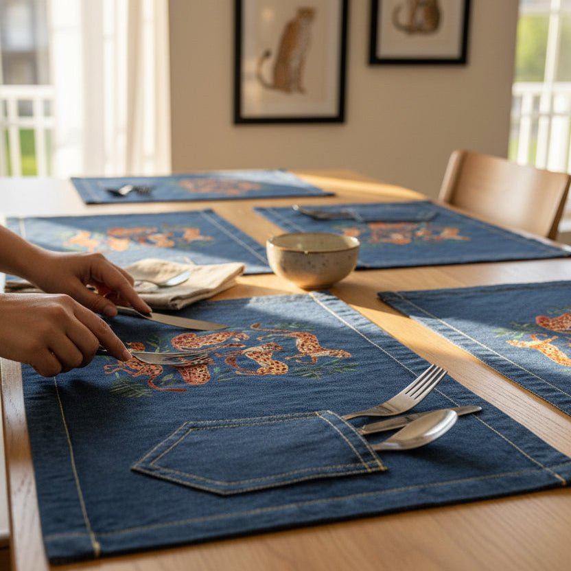 Dining table set with blue denim placemats and cutlery in a home setting. Cheetah-Collection-by-CatCoq-table-placemat-lifestyle-shot
