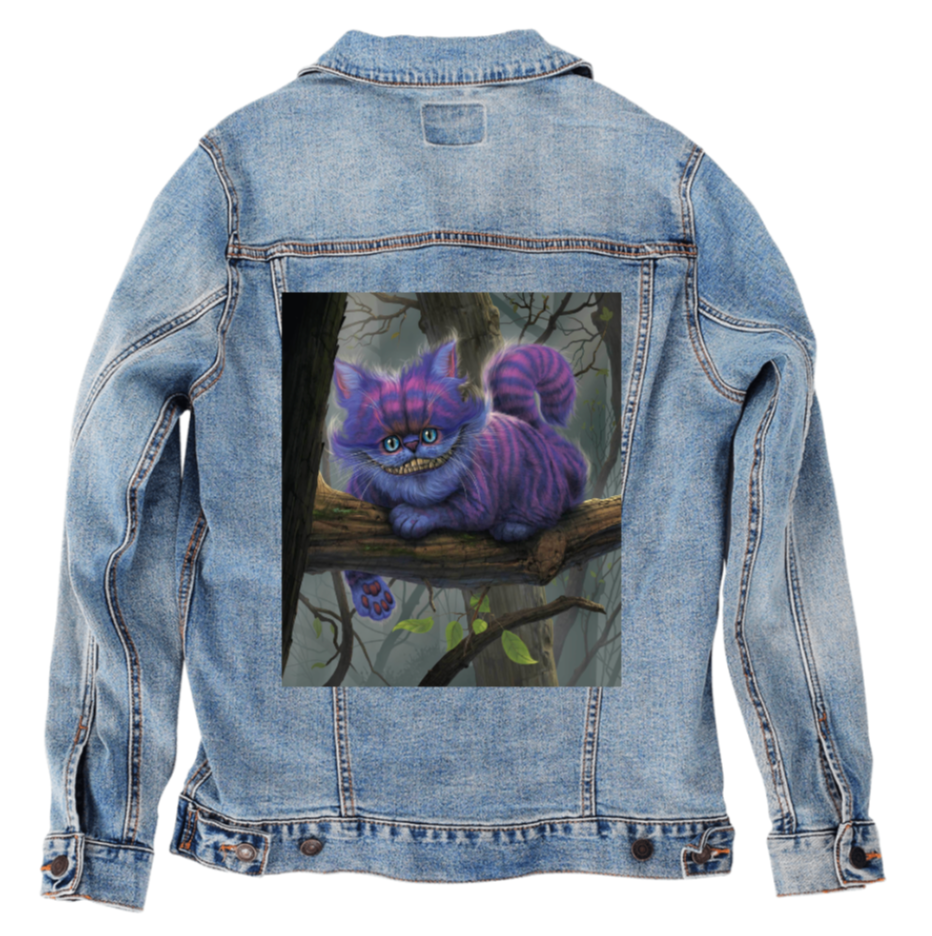 CHESHIRE CAT by VINCENT HIE, digitally printed on DENIM products: throw pillows, aprons, table place mats, and hand-made Unisex Denim Jackets in 3 color choices