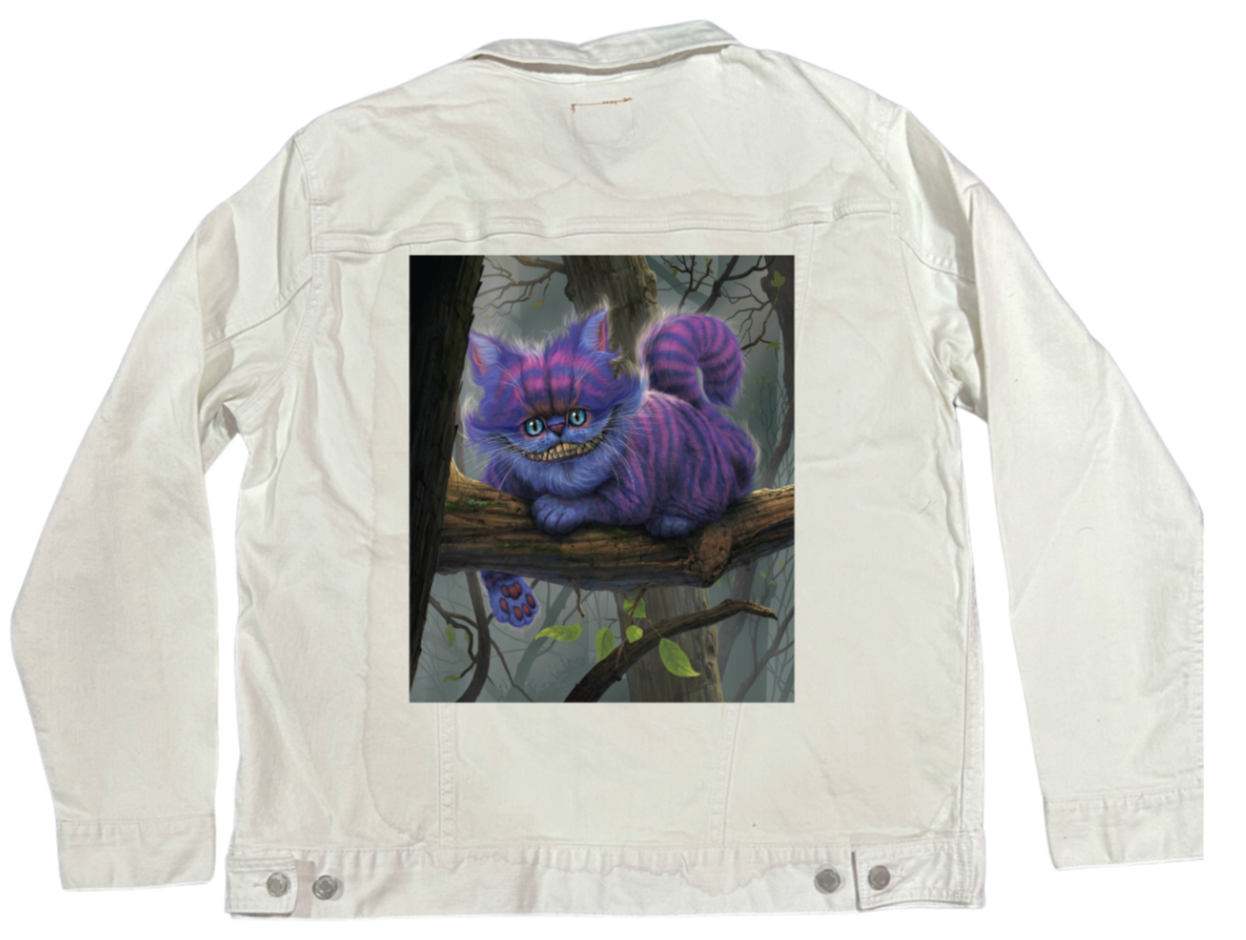 CHESHIRE CAT by VINCENT HIE, digitally printed on DENIM products: throw pillows, aprons, table place mats, and hand-made Unisex Denim Jackets in 3 color choices