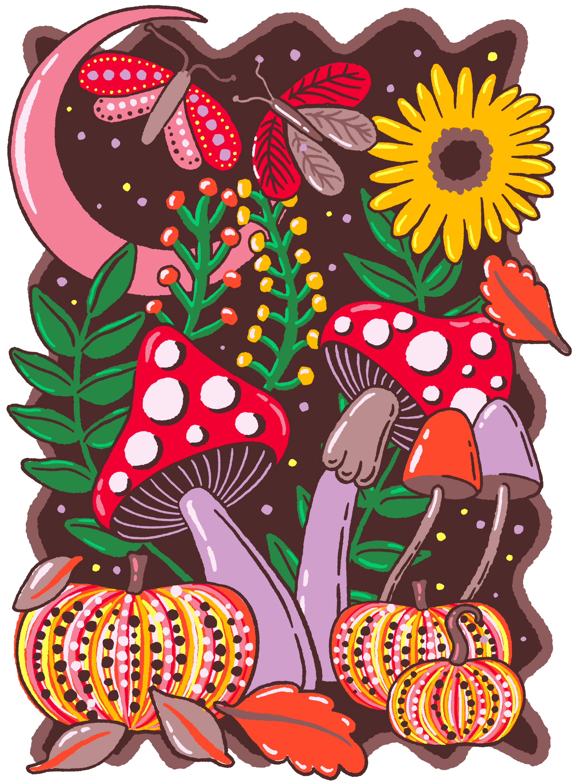 COLORFALL SEASON SHROOMS AND MOTHS by IndySign, digitally printed on DENIM products: throw pillows, aprons, table place mats, and hand-made Unisex Denim Jackets in 3 color choices