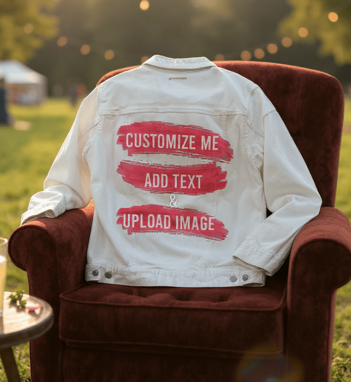 Customize &amp; Design your own digitally printed Denim Jacket (hand-made) with 3 color choices of jacket: Stonewash, White, or Black. Unisex XS S M L XL 2X 3X Customize &amp; Design your own digitally printed Denim Jacket (hand-made) with 3 color choices of jacket: Stonewash, White, or Black. Unisex XS S M L XL 2X 3X