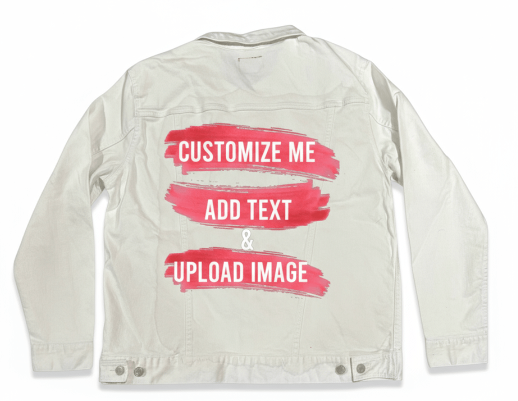 Customize &amp; Design your own digitally printed Denim Jacket (hand-made) with 3 color choices of jacket: Stonewash, White, or Black. Unisex XS S M L XL 2X 3X Customize &amp; Design your own digitally printed Denim Jacket (hand-made) with 3 color choices of jacket: Stonewash, White, or Black. Unisex XS S M L XL 2X 3X