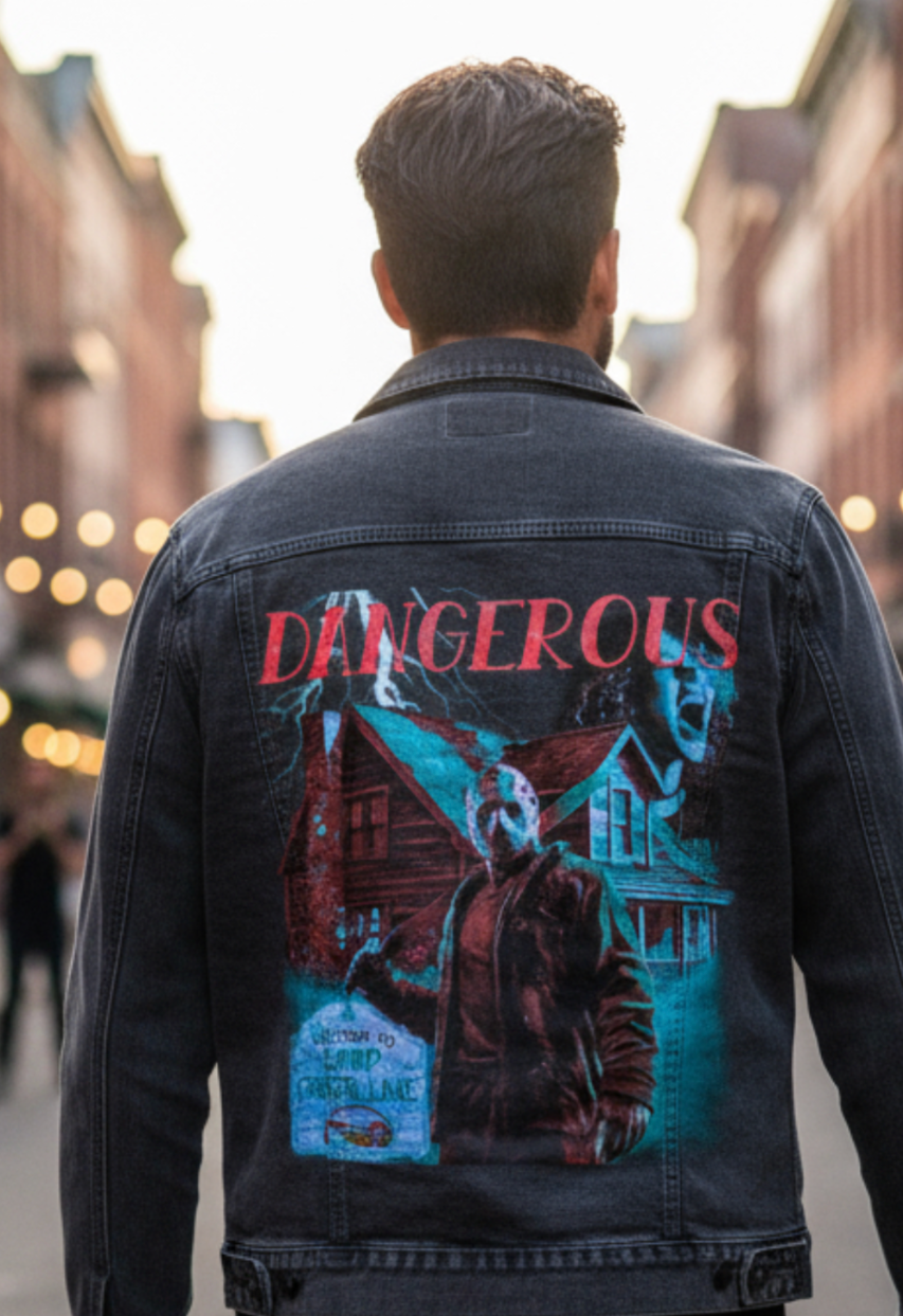 DANGEROUS by DeROUCHE DESIGNS, digitally printed on DENIM products: throw pillows, aprons, table place mats, and hand-made Unisex Denim Jackets in 3 color choices