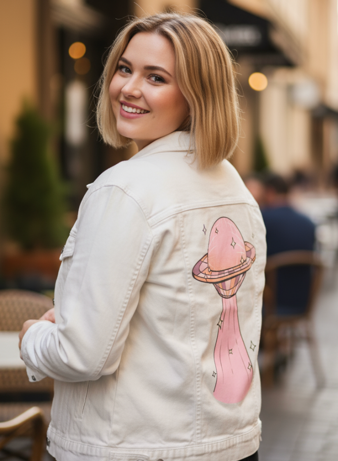 DISCO UFO by KITSCH AND CURATE, digitally printed on DENIM products: throw pillows, aprons, table place mats, and hand-made Unisex Denim Jackets in 3 color choices