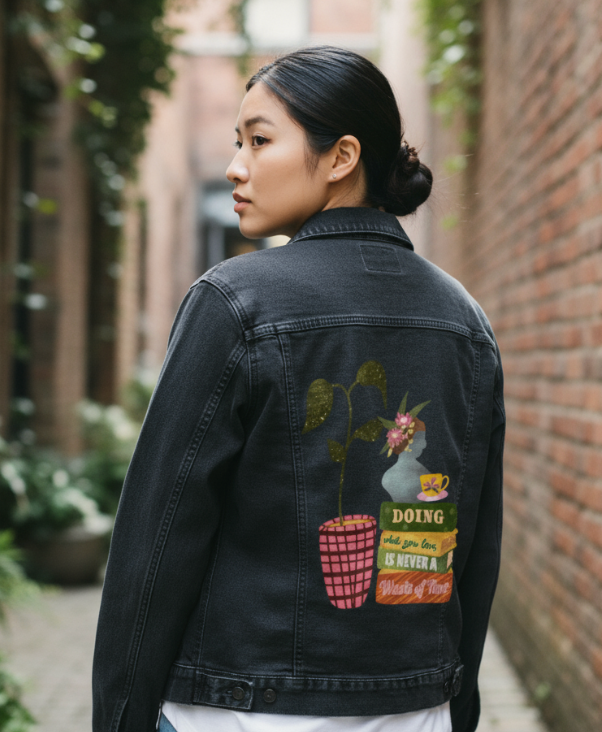 DOING WHAT YOU LOVE by thearticsoul, digitally printed on DENIM products: throw pillows, aprons, table place mats, and hand-made Unisex Denim Jackets in 3 color choices